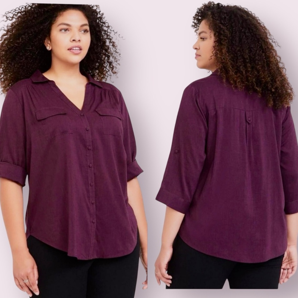 Torrid Cotton Blend Split Neck Button Up Blouse G… - image 1